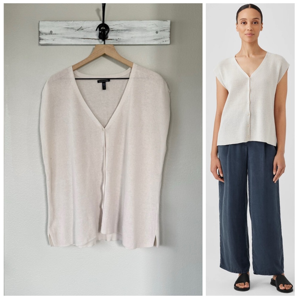 EILEEN FISHER L Peruvian Organic Cotton Crepe Cardigan Vest in Bone • Cream
